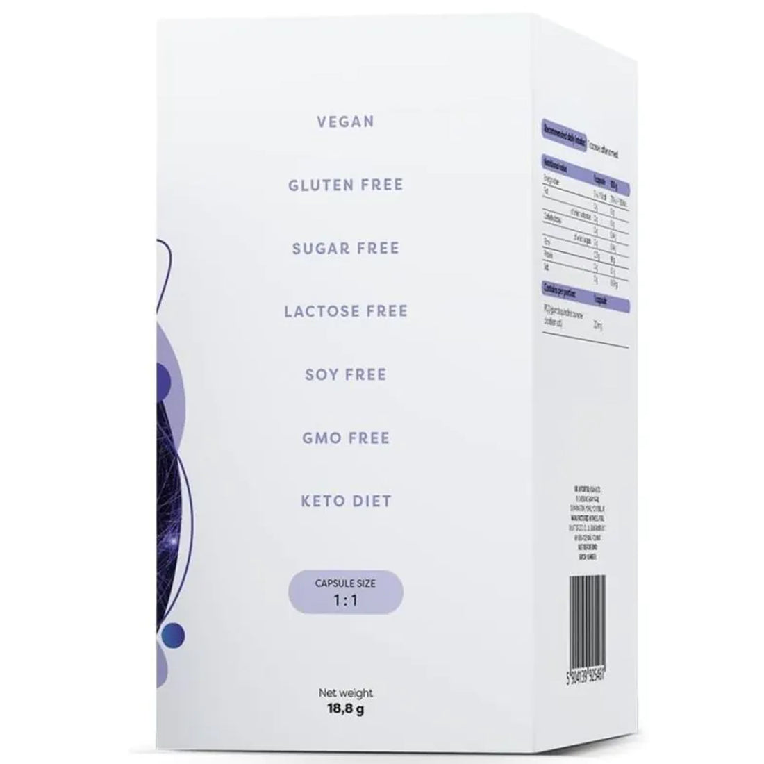 A white rectangular product box with purple text and graphics, showing features like vegan, gluten free, sugar free, lactose free, soy free, GMO free, and keto diet. The box is photographed on a clean white background.