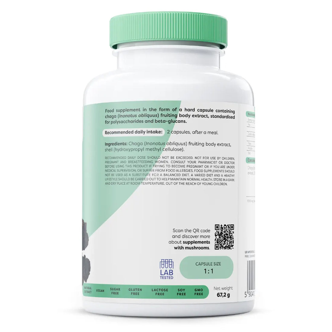 Osavi Reishi ingredients and directions panel, hydroxypropyl methylcellulose capsule shell, 2 capsules daily after a meal