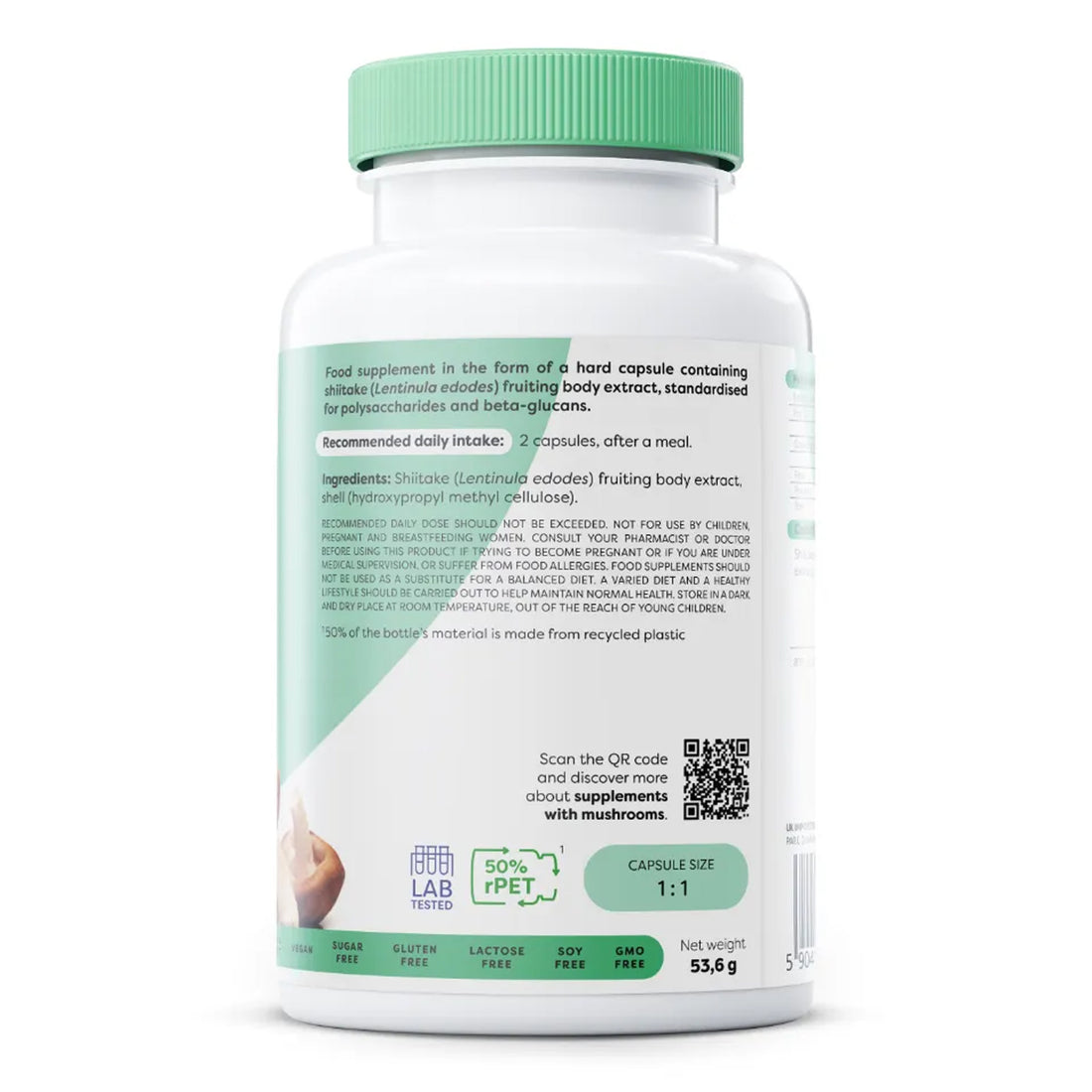 Back label of Osavi Shiitake 800 mg, 120 vegan capsules, showing ingredients, recommended daily dose of 2 capsules and storage instructions