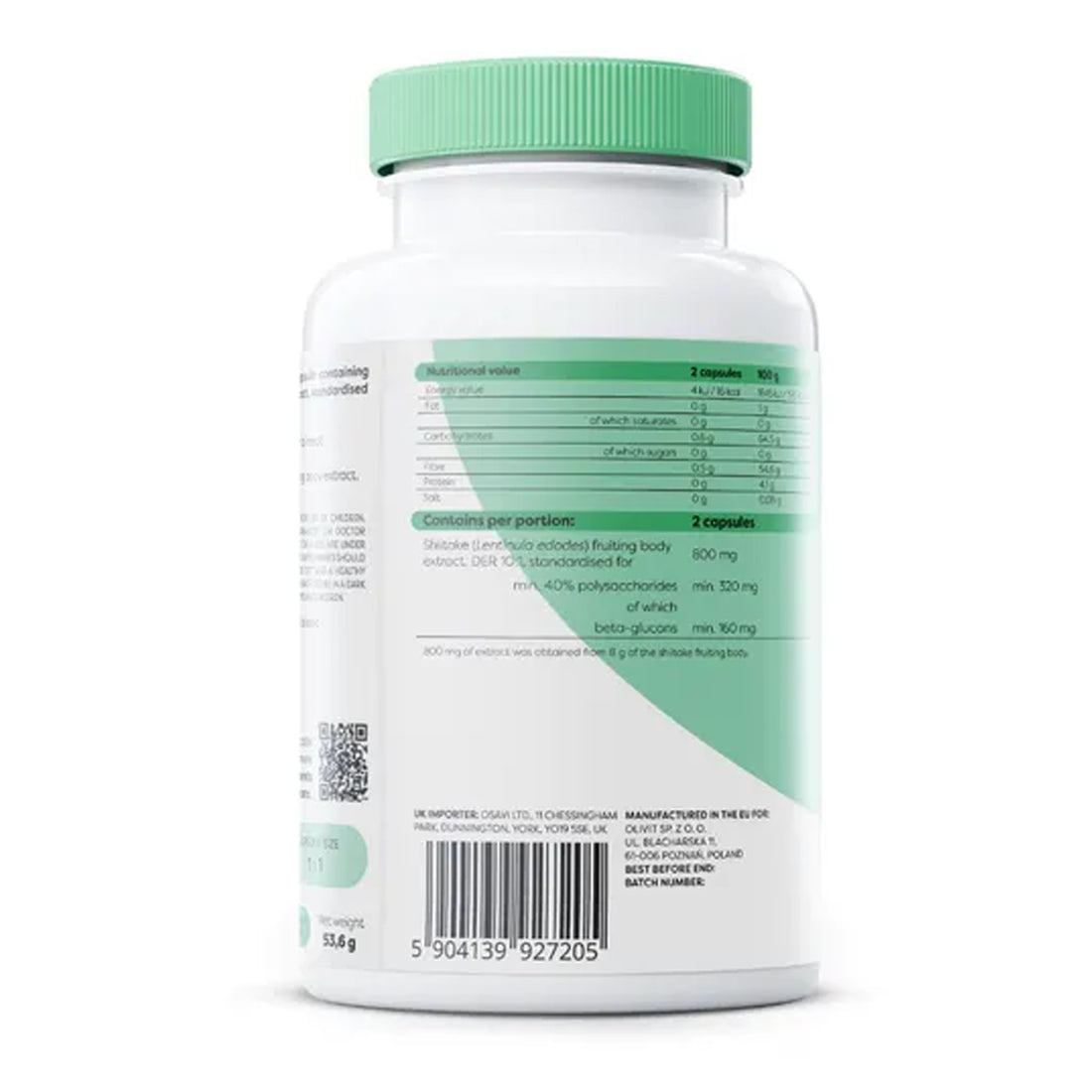 Osavi Shiitake 800 mg supplement facts panel showing 800 mg shiitake fruiting body extract DER 10:1 per 2 capsules, minimum 320 mg polysaccharides and minimum 160 mg beta-glucans