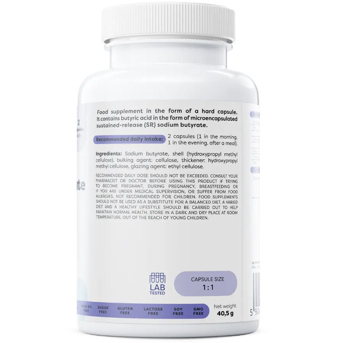 Osavi Sodium Butyrate SR bottle side panel with EAN barcode 5904139924617