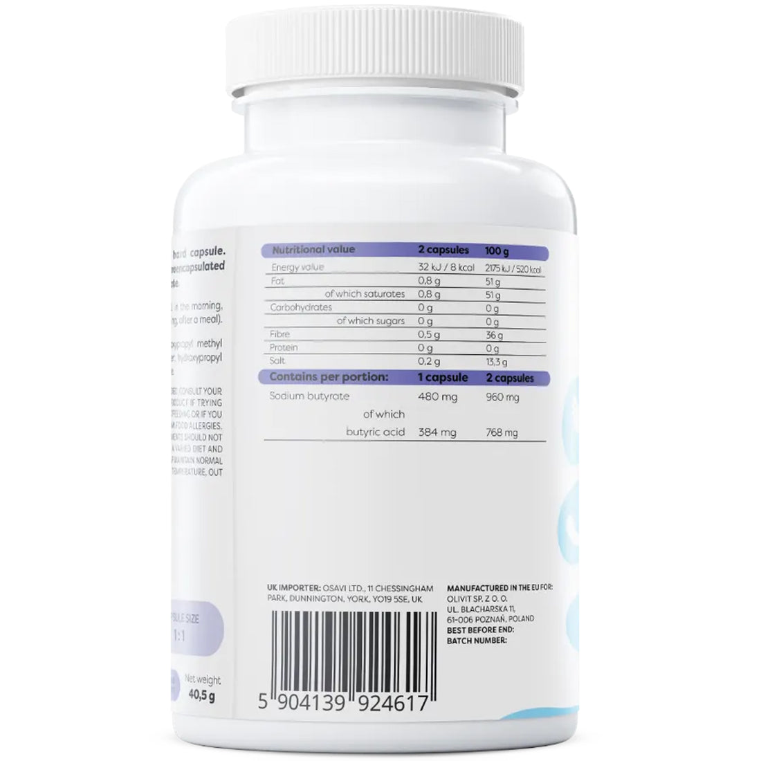 Osavi Sodium Butyrate SR label showing 480mg sodium butyrate and 384mg butyric acid per capsule, ingredients and directions