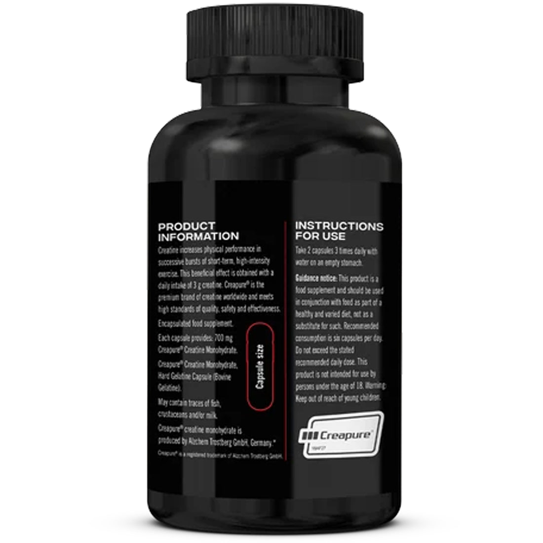 Reflex Nutrition Creapure Creatine Capsules, 90 capsule tub, front of pack Product Information and Instructions for use