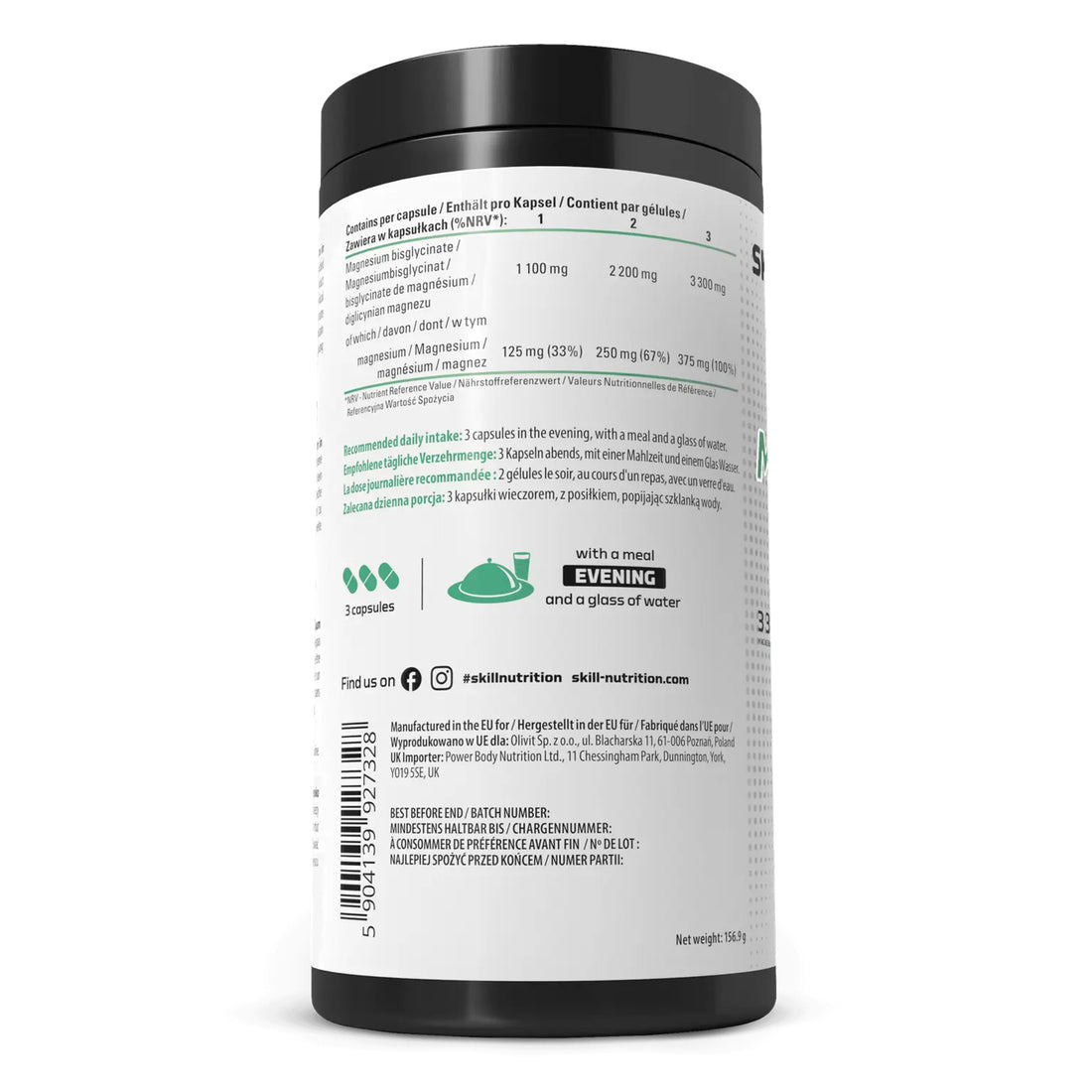 Skill Nutrition Magnesium Bisglycinate 120 capsules available in Ireland Back lable 