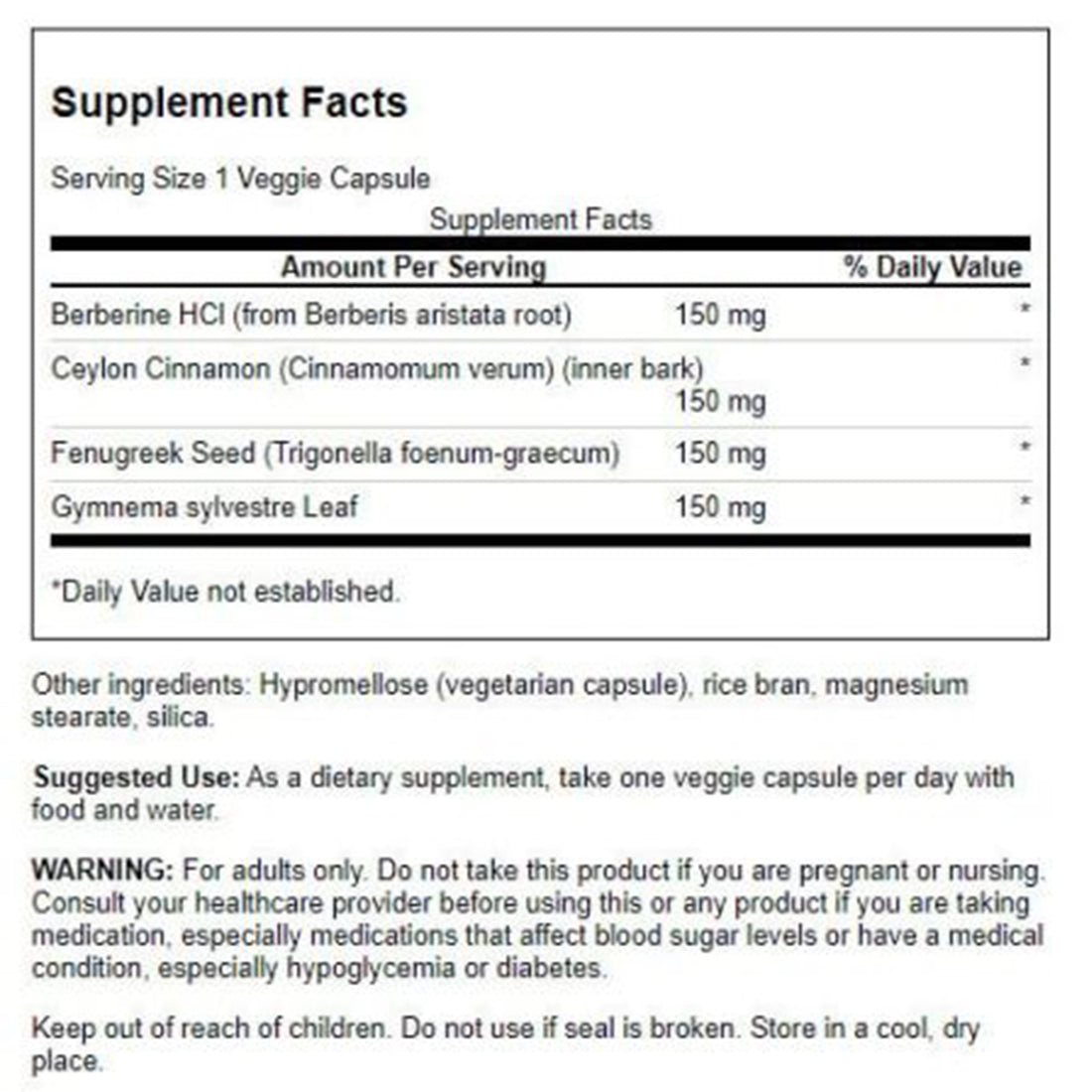 Supplement facts label with listed ingredients and dosages on a white background