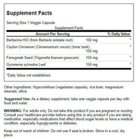 Supplement facts label with listed ingredients and dosages on a white background