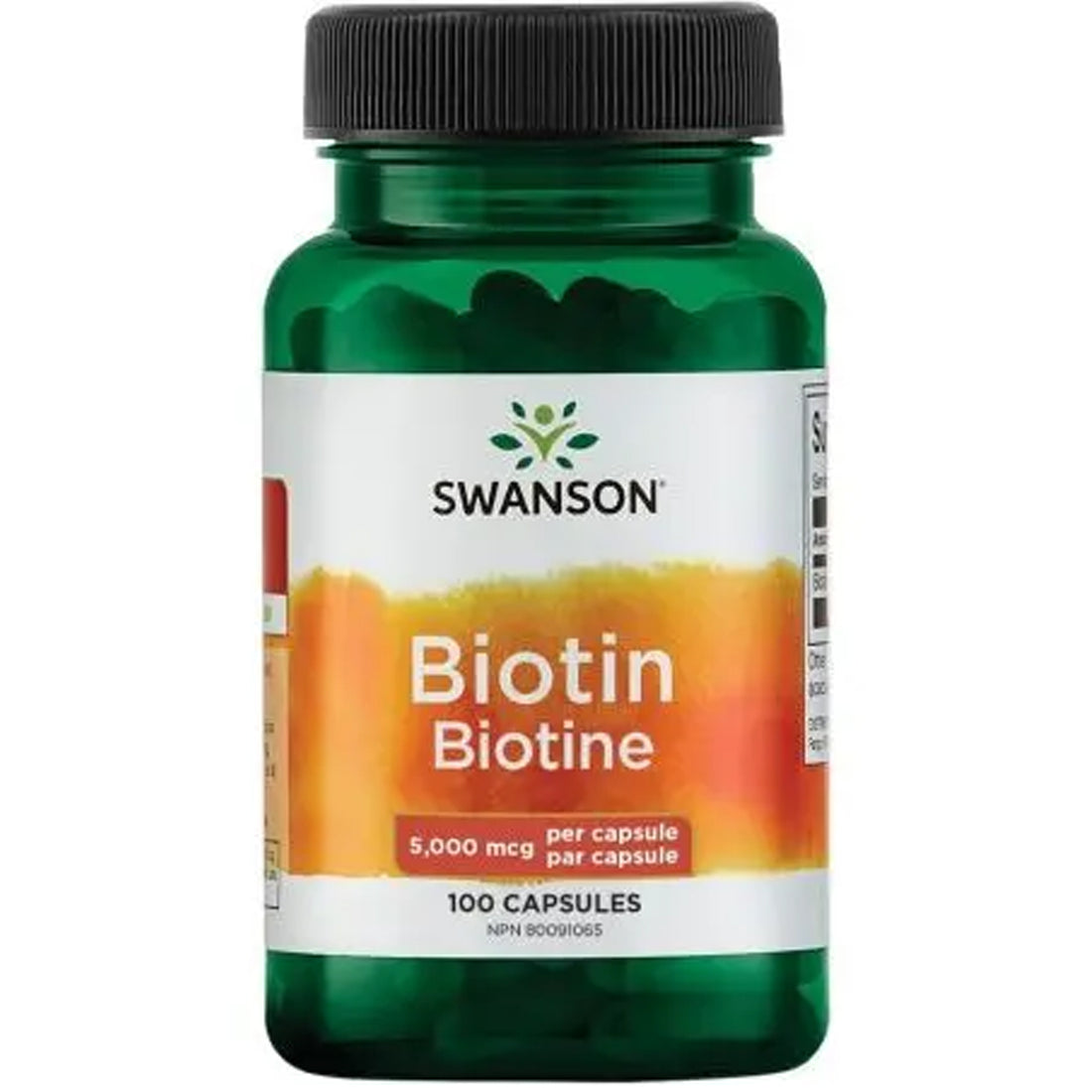 Swanson Biotin 5000mcg front of bottle, bilingual EU label, 100 capsules, vitamin B7 food supplement