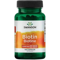 Swanson Biotin 5000mcg front of bottle, bilingual EU label, 100 capsules, vitamin B7 food supplement