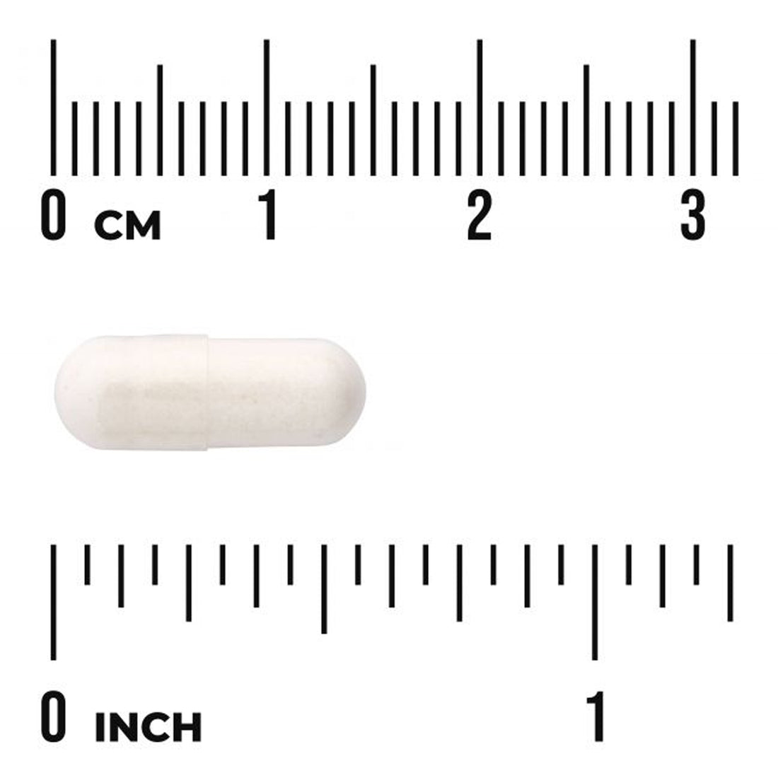 Swanson Biotin capsule shown against a centimetre scale