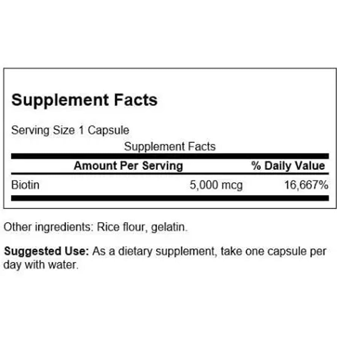 Swanson Biotin 5000mcg supplement facts panel showing 5000µg biotin per capsule with rice flour and gelatine