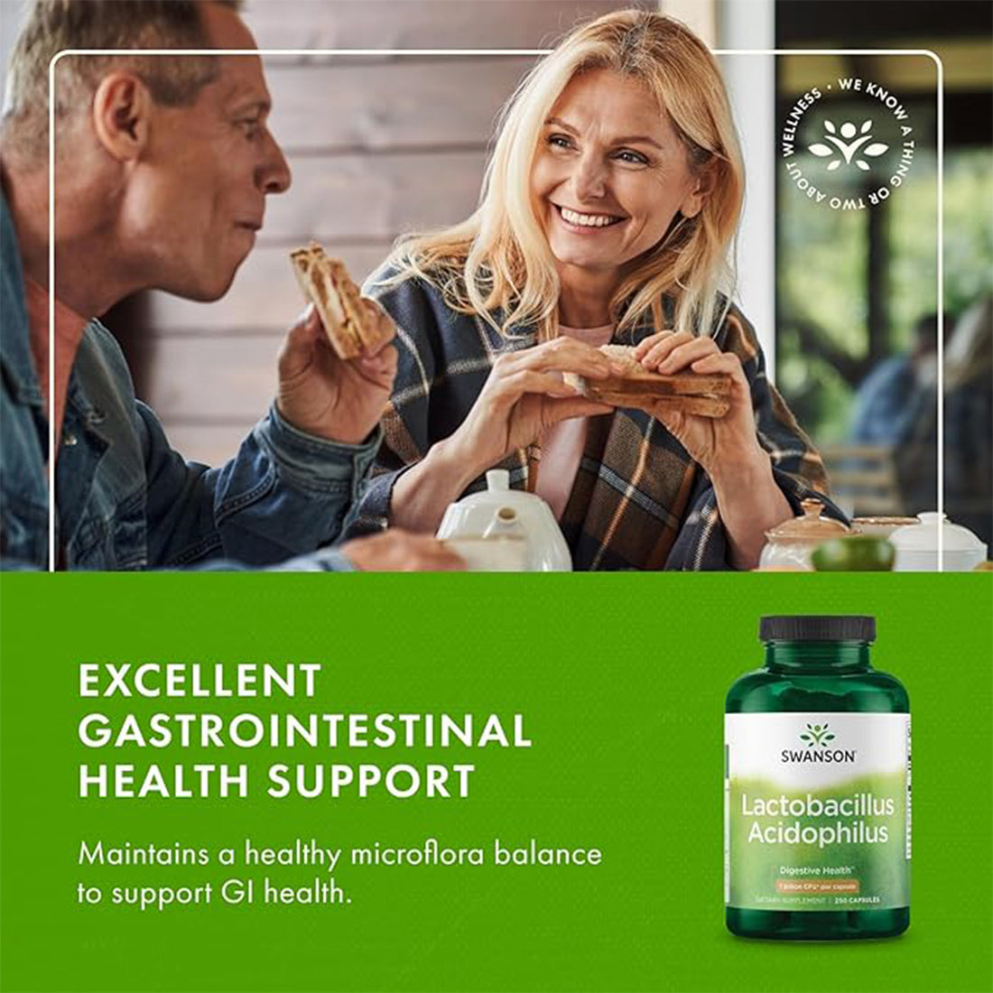 Couple eating toast with a Swanson Lactobacillus Acidophilus supplement bottle on a green background.