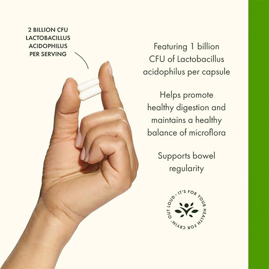 Hand holding a capsule with lactobacillus acidophilus information on a white background