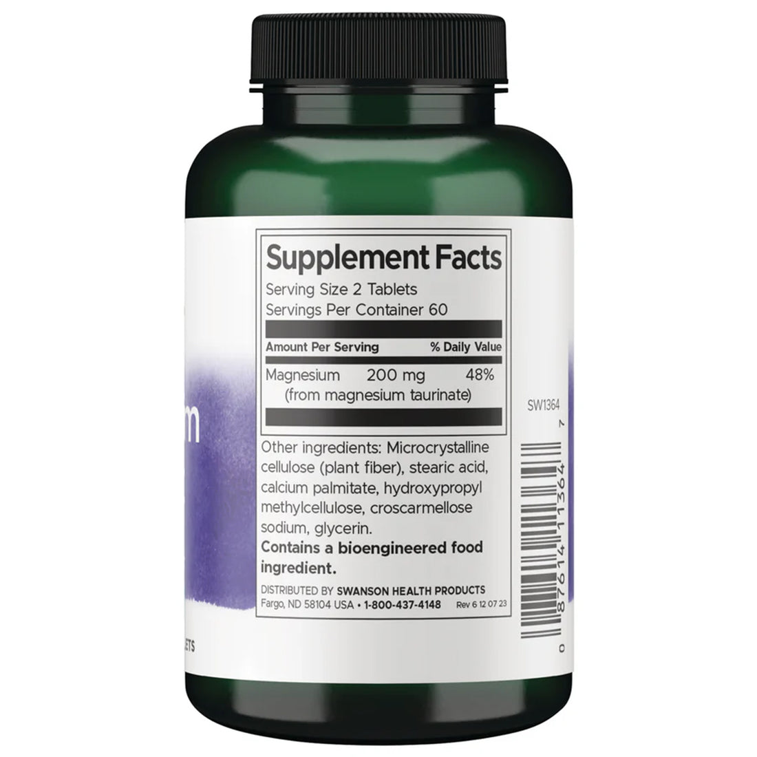 Swanson Magnesium Taurate supplement facts panel, 200mg magnesium per 2-tablet serving, ingredients list