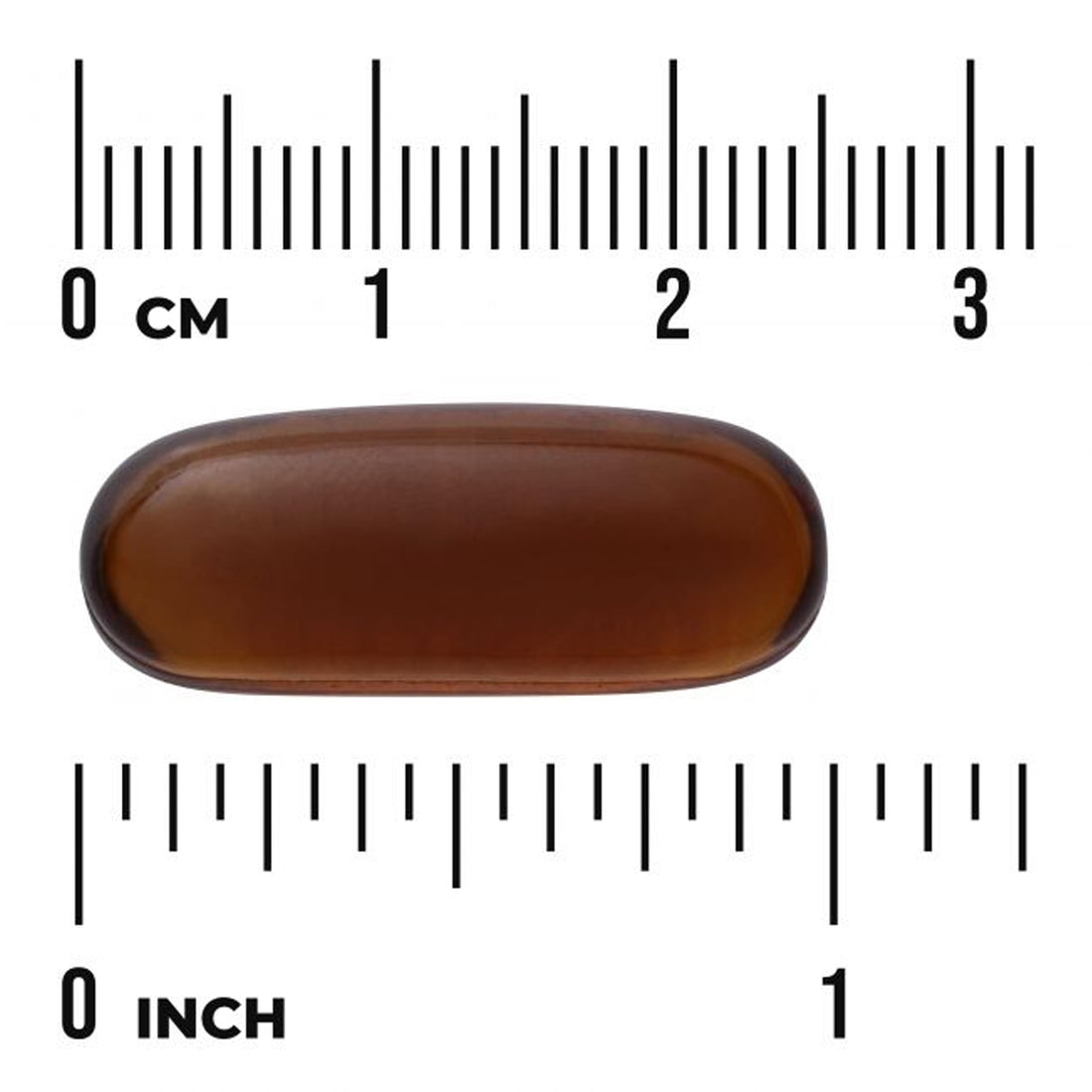 Brown oval object with a ruler for scale on a white background for Swanson Pumpkin Seed Oil supplement 