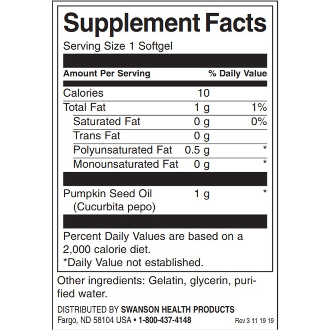Swanson Pumpkin Seed Oil supplement facts panel, 1g pumpkin seed oil per softgel, gelatin glycerin purified wate