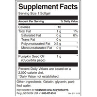 Swanson Pumpkin Seed Oil supplement facts panel, 1g pumpkin seed oil per softgel, gelatin glycerin purified wate