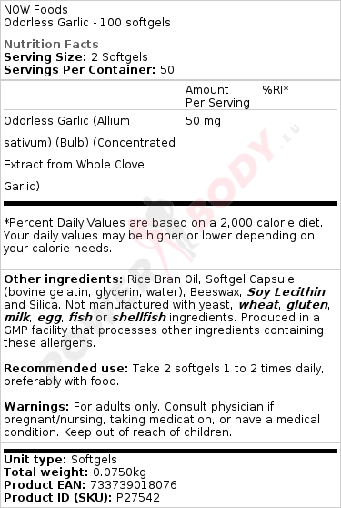 Now Foods Odorless Garlic - 100 Softgels - Probiotic.ie