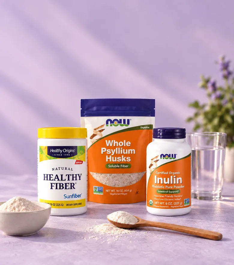 Healthy Origins Sunfiber, NOW Whole Psyllium Husks and NOW Organic Inulin fibre supplements, stocked in Dublin